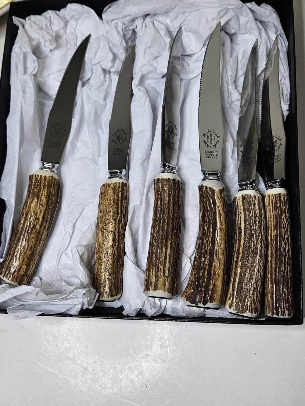 Six Sheffield Stag Antler Steak Knives High Country Arts Genuine Gold End NIB